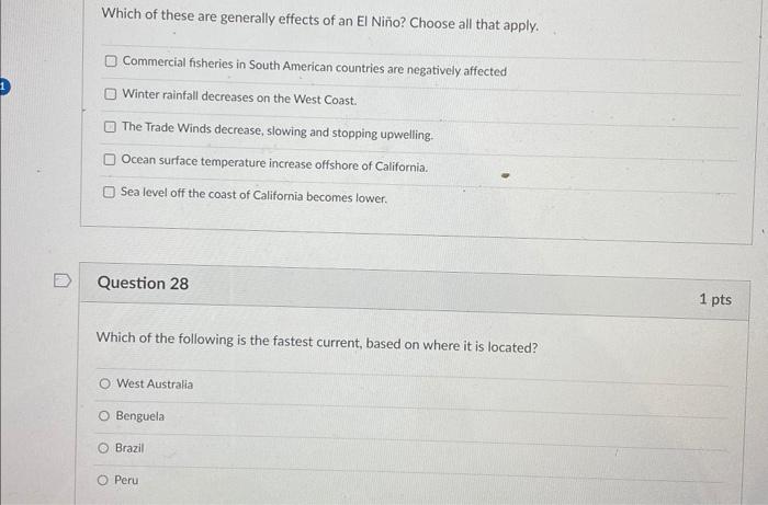 Solved Which of these are generally effects of an El Niño? | Chegg.com