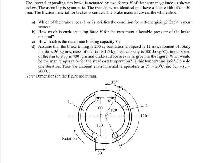 Solved The internal expanding rim brake is actuated by two | Chegg.com