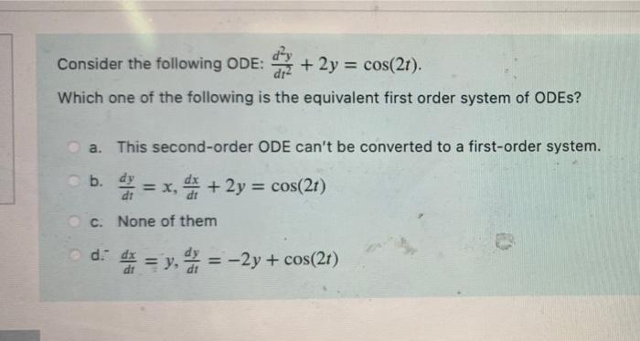 Solved Consider the following ODE: + 2y = cos(21). Which one | Chegg.com
