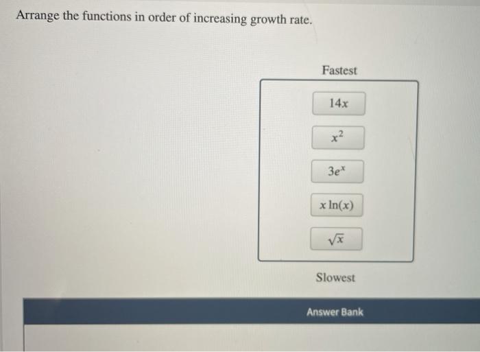 Solved Arrange the functions in order of increasing growth | Chegg.com