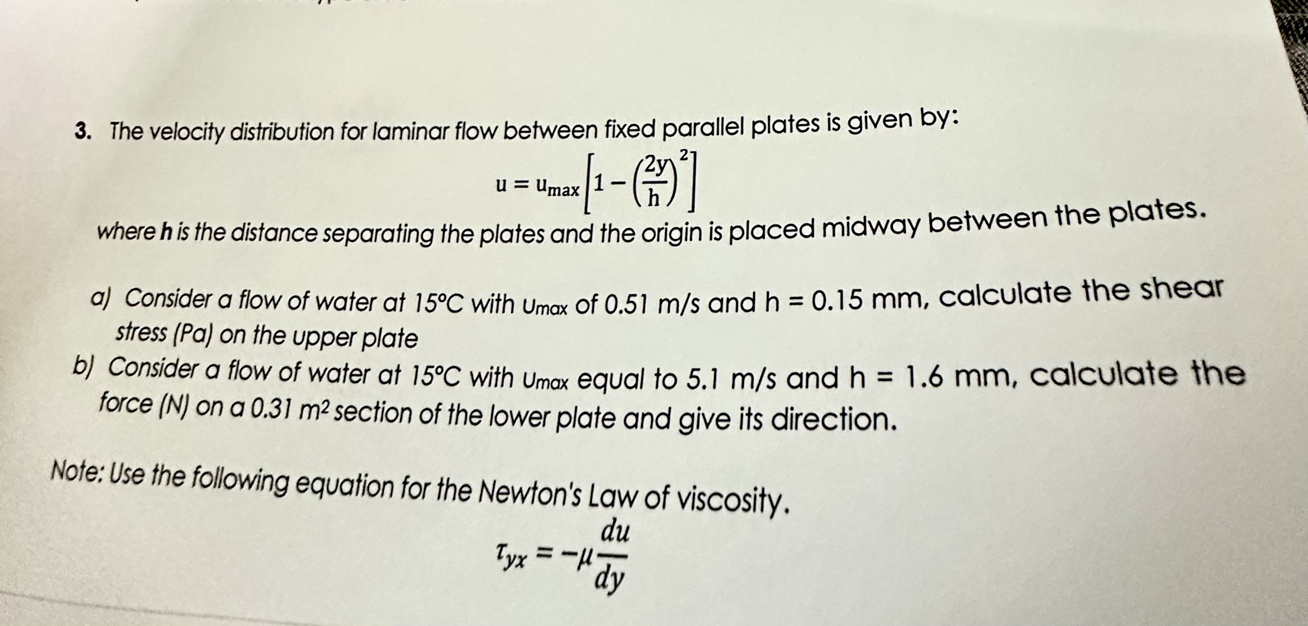 Solved The velocity distribution for laminar flow between | Chegg.com