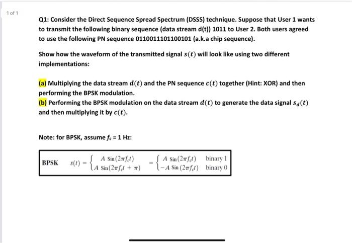 Solved Toft Q1: Consider the Direct Sequence Spread Spectrum | Chegg.com
