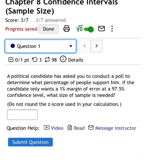 Solved Chapter 8 Confidence Intervals (Sample Size) Score: | Chegg.com