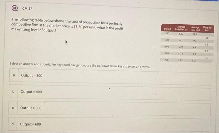 Solved CM.78 The following table below shows the cost of | Chegg.com