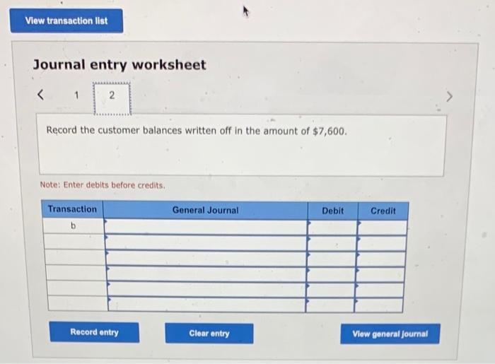 Journal entry worksheet
Record the customer balances written off in the amount of \( \$ 7,600 \).
Note: Enter debits before c