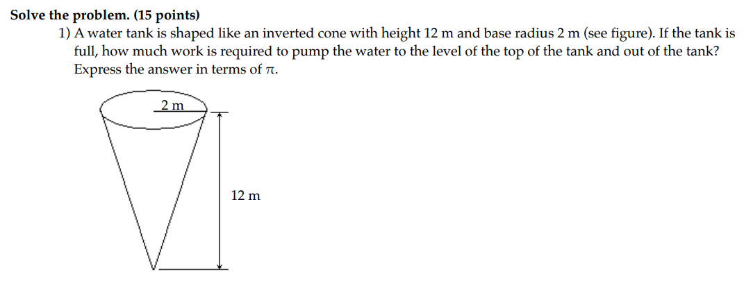 Solved Solve the problem. (15 ﻿points)A water tank is shaped | Chegg.com