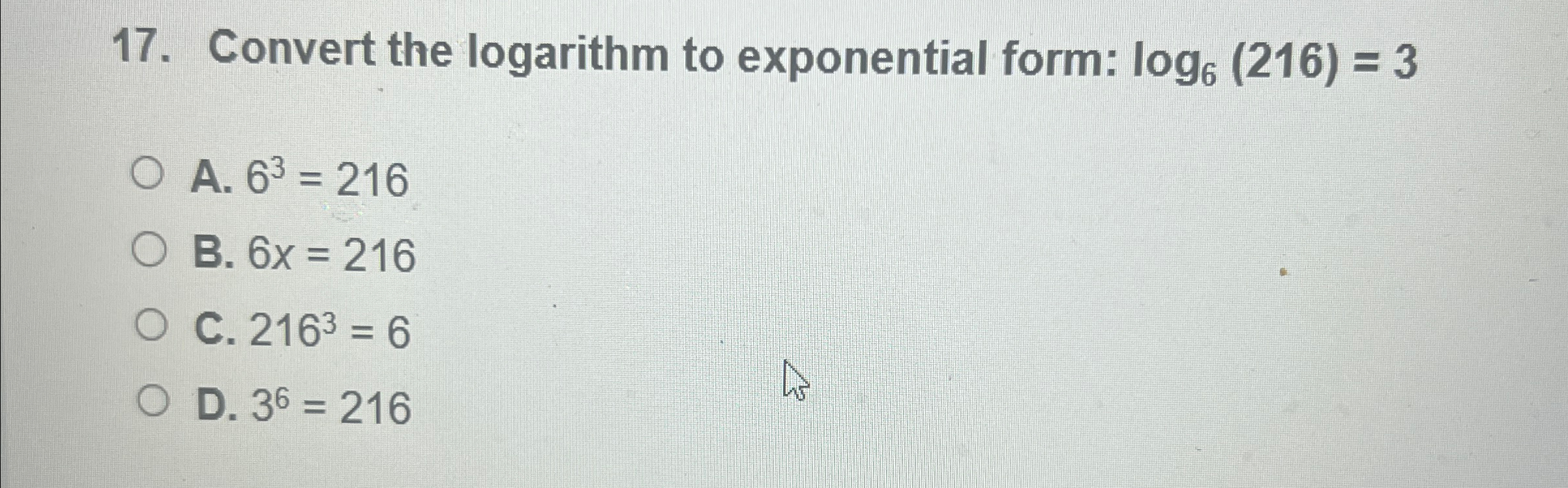 convert the logarithm to exponential form log6 216 3