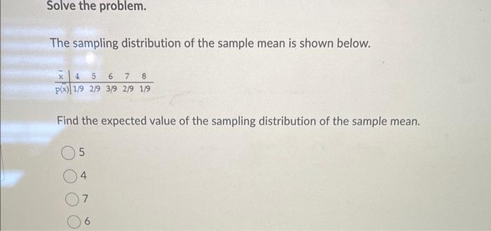 Solved The sampling distribution of the sample mean is shown | Chegg.com