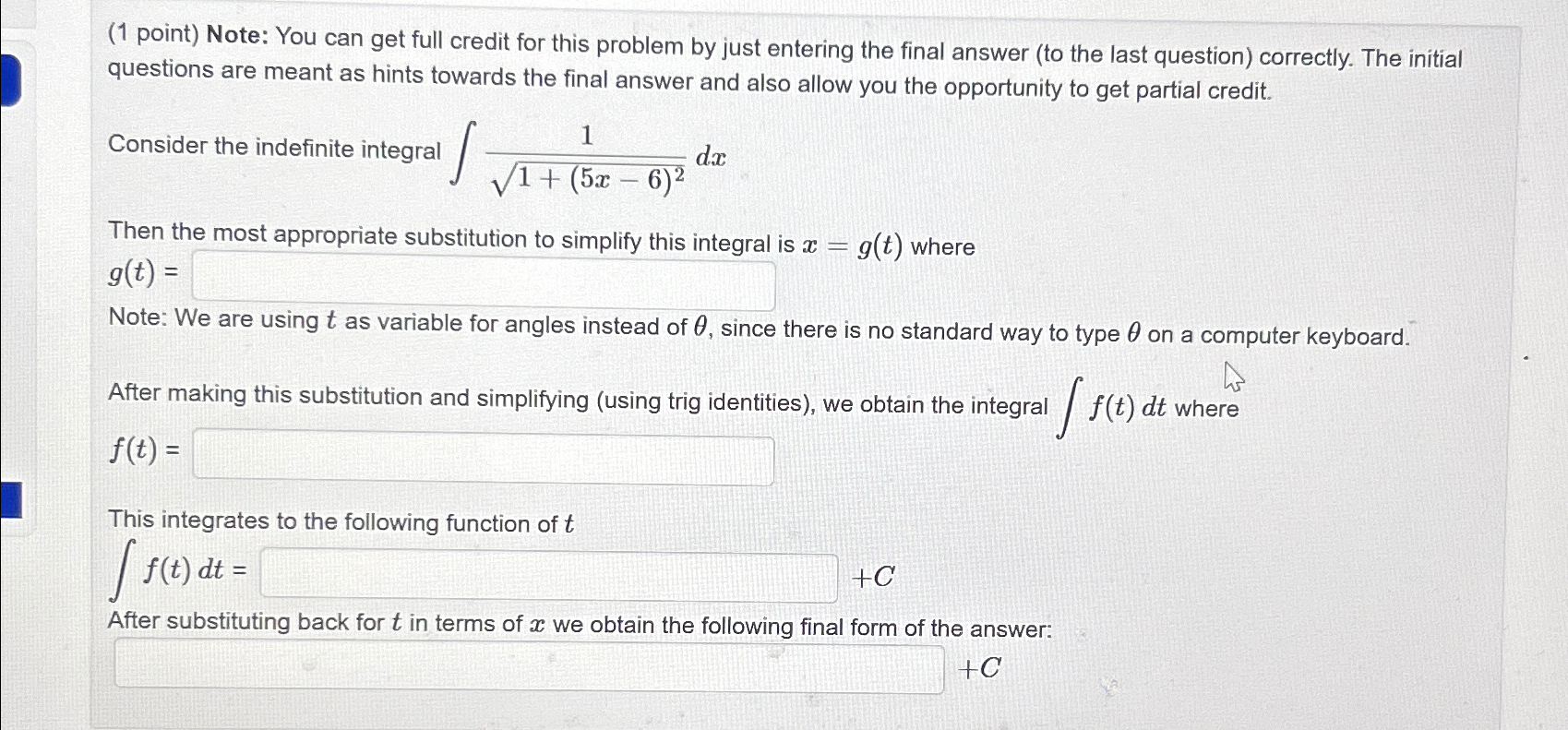 Solved (1 ﻿point) ﻿Note: You can get full credit for this | Chegg.com
