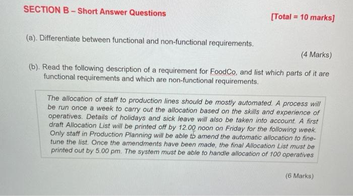 Solved SECTION B - Short Answer Questions [Total = 10 marks] | Chegg.com
