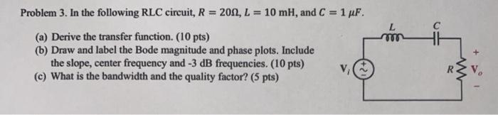 Solved Problem 3. In the following RLC circuit, 𝑅 = 20Ω, 𝐿 | Chegg.com