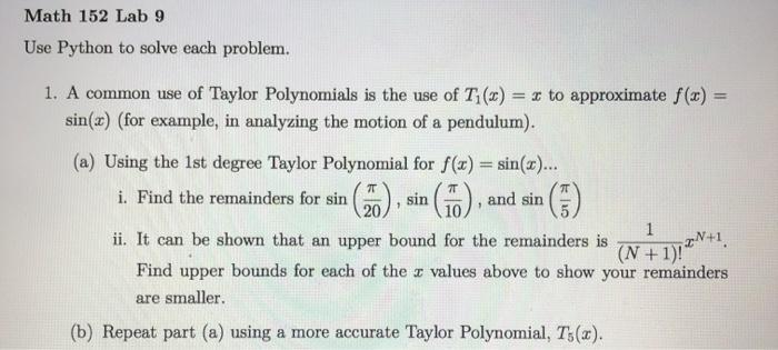 Solved Math 152 Lab 9 Use Python To Solve Each Problem. 1. A | Chegg.com