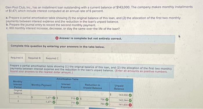 Solved Glen Pool Club, Inc, has an installment loan | Chegg.com