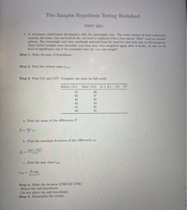 two sample hypothesis test worksheet