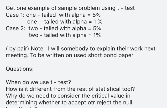 Solved Get one example of sample problem using t - test Case | Chegg.com