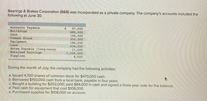 Solved Bearings & Brakes Corporation (B&B) Was Incorporated | Chegg.com