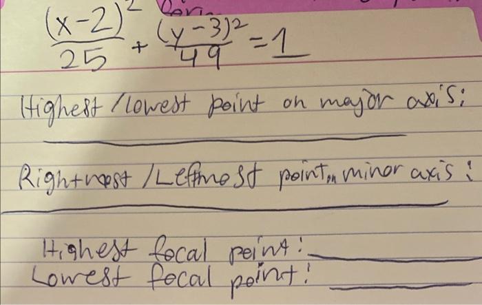 Solved 25(x−2)2+49(y−3)2=1 Highest / lowest point on major | Chegg.com