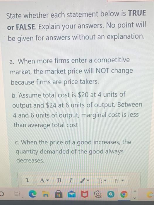 Solved State whether each statement below is TRUE or FALSE. | Chegg.com