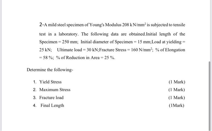 Solved 2-A mild steel specimen of Young's Modulus 208kN/mm2 | Chegg.com