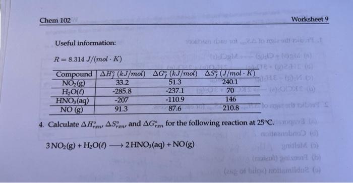 Solved Chem 102 Worksheet 9 Useful Information: R=8.314 | Chegg.com