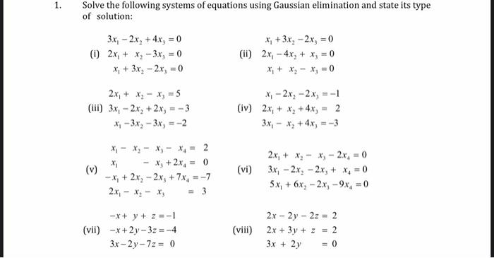 Solved 1 Solve The Following Systems Of Equations Using 1092