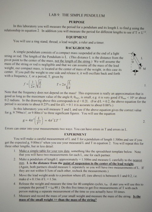 Solved Lab 9: The Simple Pendulum 10 Purpose In This 