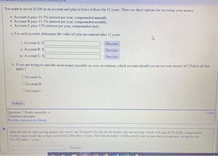 Solved You Want To Invest $1300 In An Account And Plan To | Chegg.com
