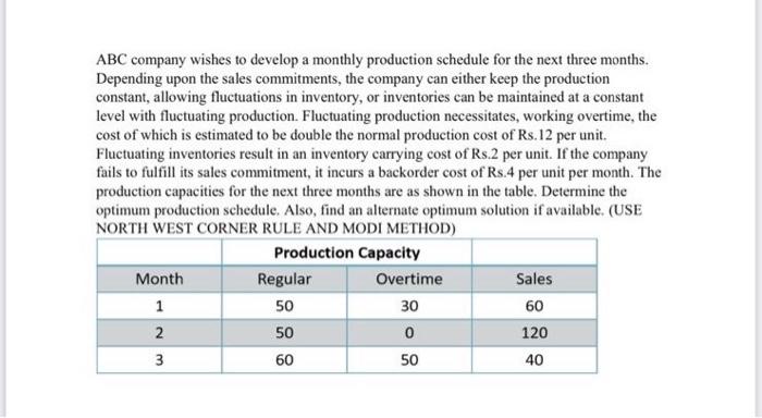 Solved ABC company wishes to develop a monthly production | Chegg.com