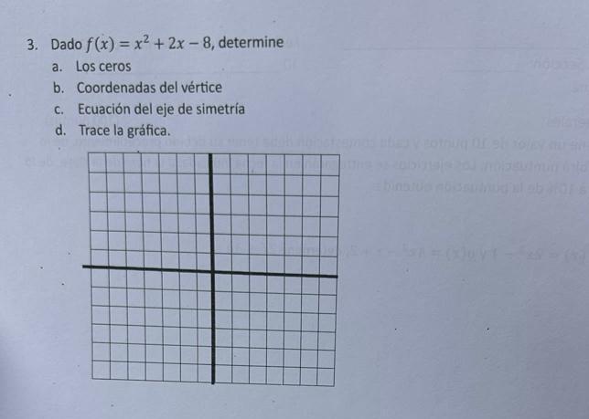 3. Dado \( f(x)=x^{2}+2 x-8 \), determine a. Los ceros b. Coordenadas del vértice c. Ecuación del eje de simetría d. Trace la