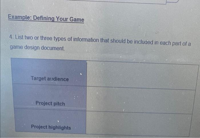 Solved Example: Defining Your Game 4. List two or three | Chegg.com