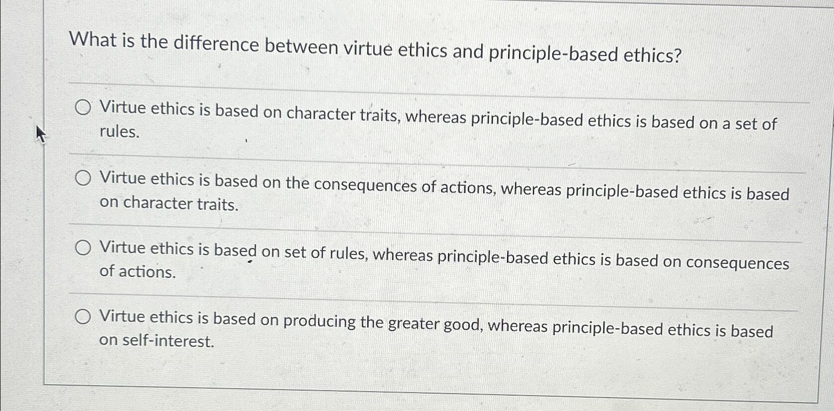 Solved What is the difference between virtue ethics and | Chegg.com