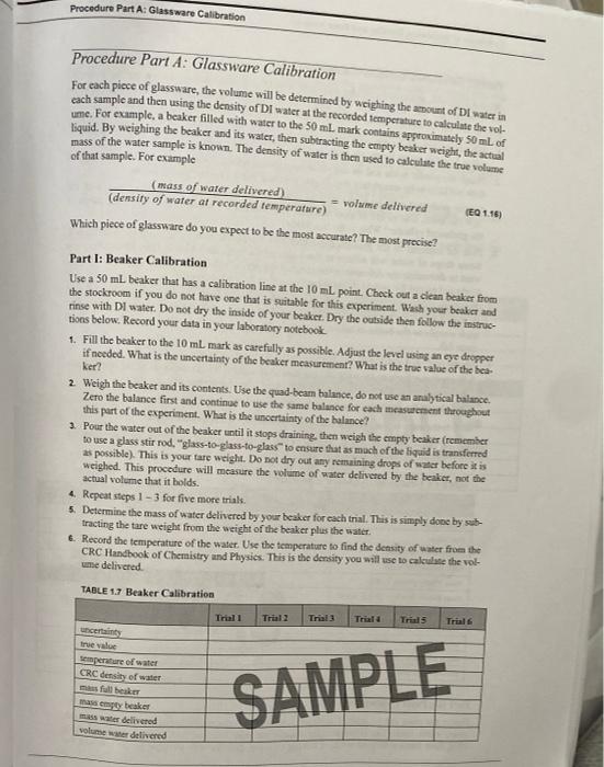Procedure Part A Glassware Calibration Procedure Part