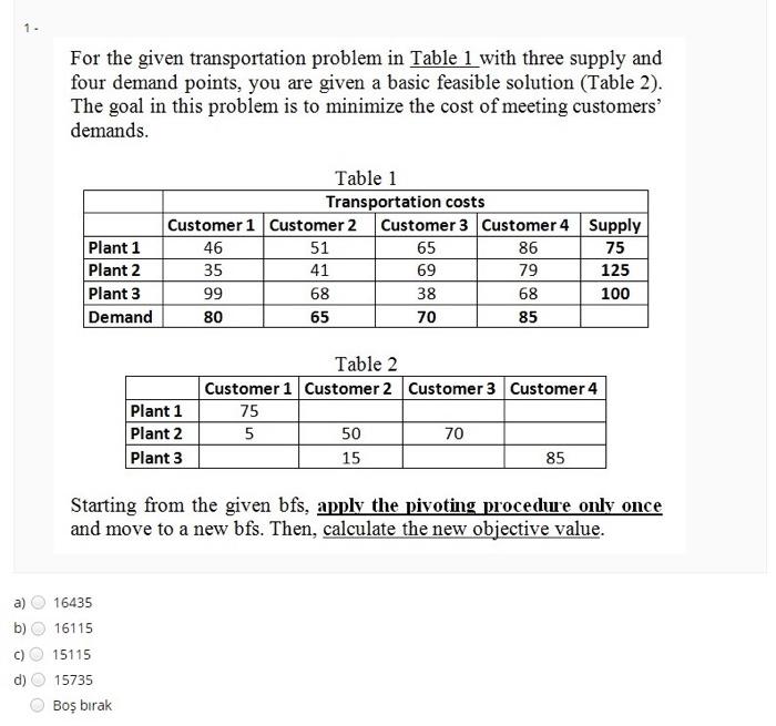 Solved 1 - For the given transportation problem in Table 1 | Chegg.com
