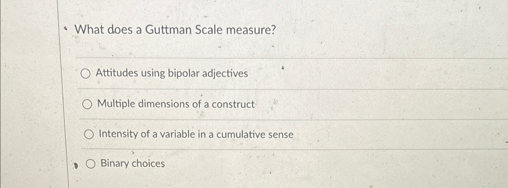 Solved What does a Guttman Scale measure?Attitudes using | Chegg.com