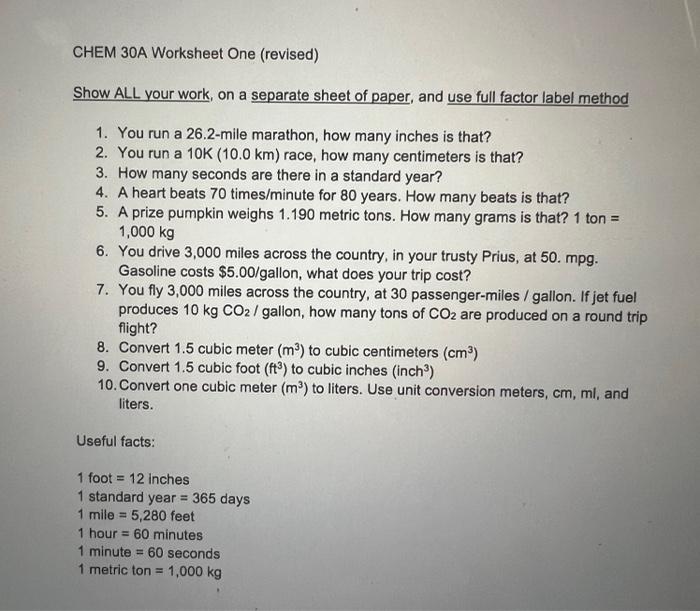 Solved CHEM 30A Worksheet One (revised) Show ALL your work, | Chegg.com