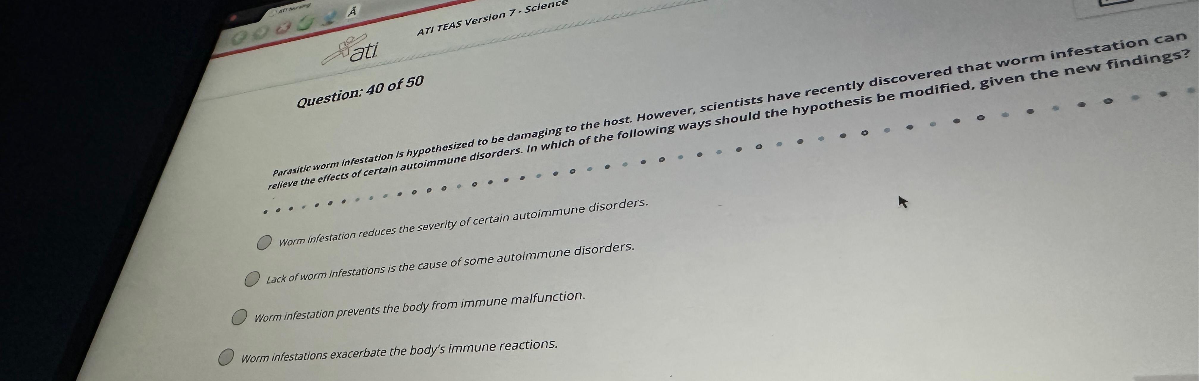 Question 40 ﻿of 50parasilic worm infestation is