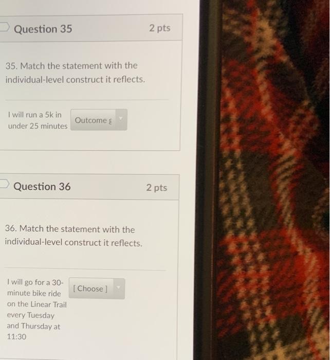 Question 35 2 pts 35. Match the statement with the individual-level construct it reflects. I will run a 5k in under 25 minute