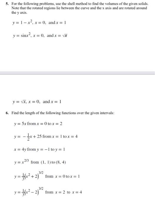 Solved 5. For the following problems, use the shell method | Chegg.com