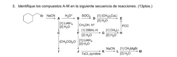 Identifique los compuestos A-M en la siguiente secuencia de reacciones. (13ptos.)