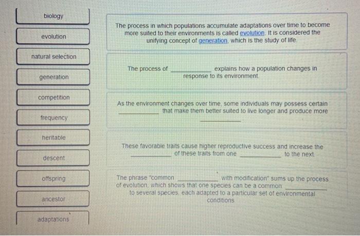 Solved biology evolution The process in which populations | Chegg.com
