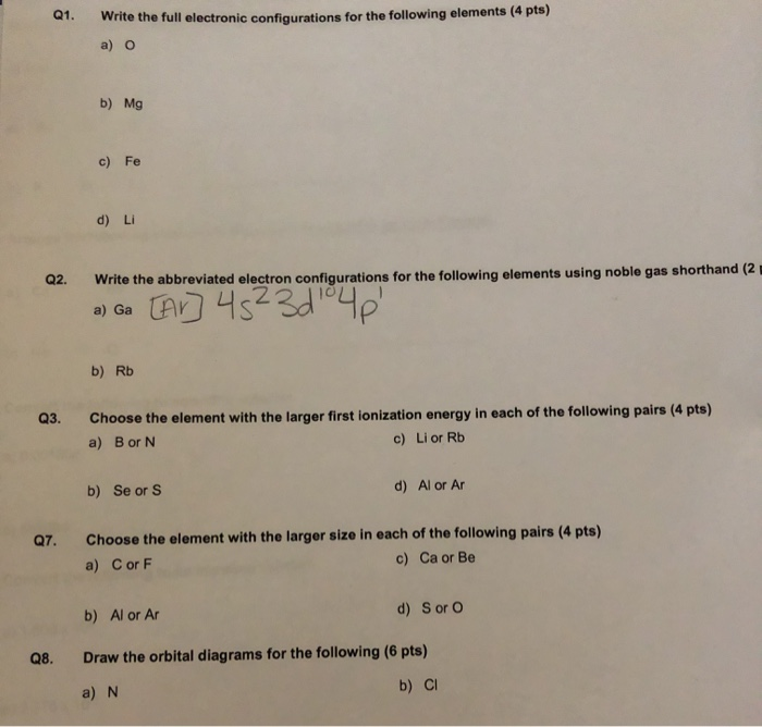 Solved Q1 Write The Full Electronic Configurations For T Chegg Com