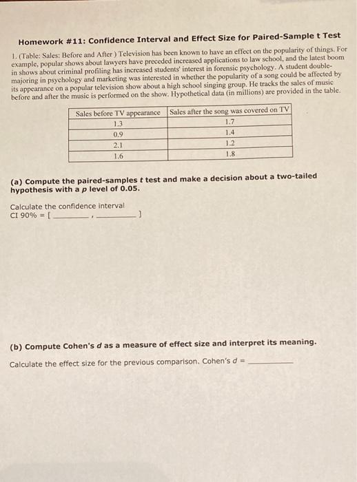 Solved Homework #11: Confidence Interval and Effect Size for | Chegg.com