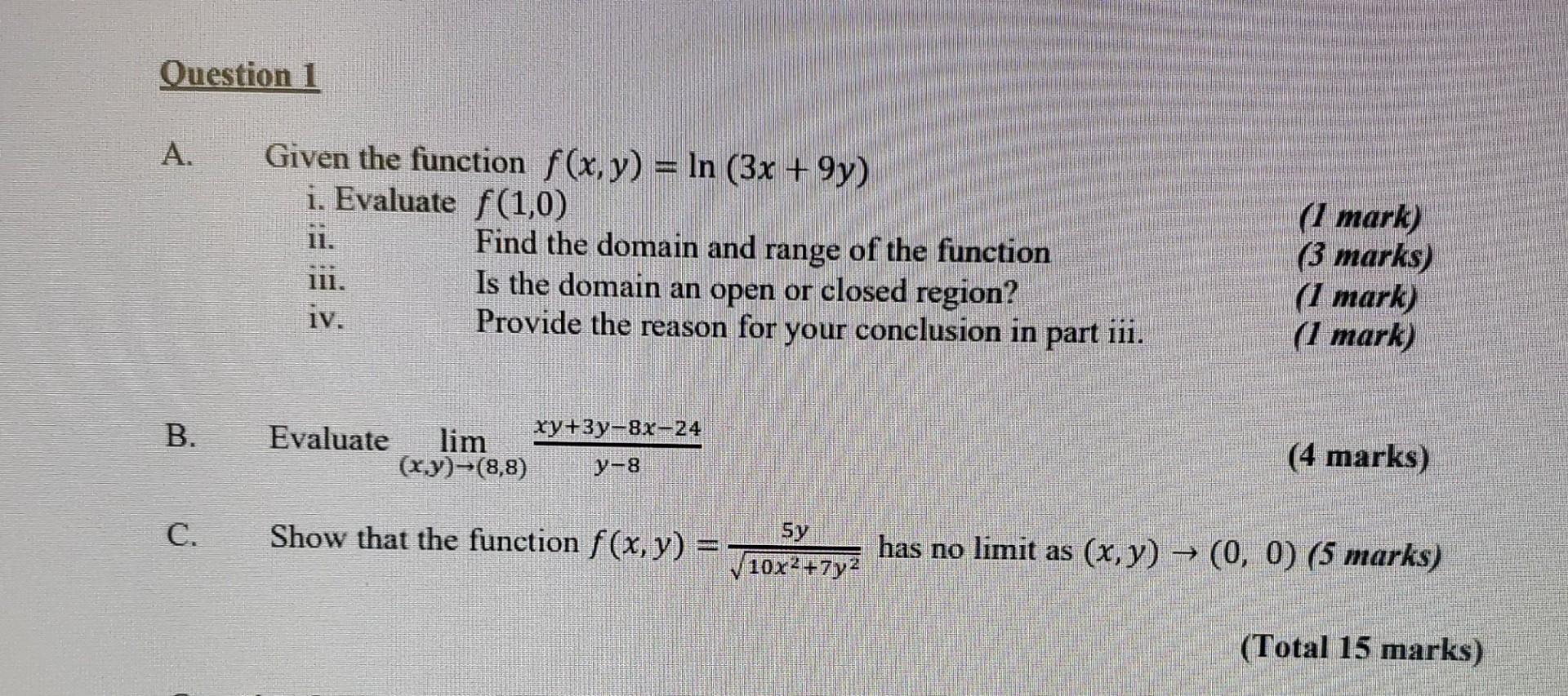 Solved Question 1 A Given The Function F X Y Ln 3x