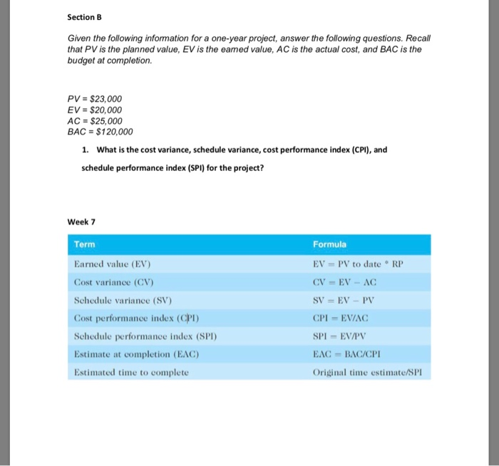 Solved Section B Given the following information for a | Chegg.com
