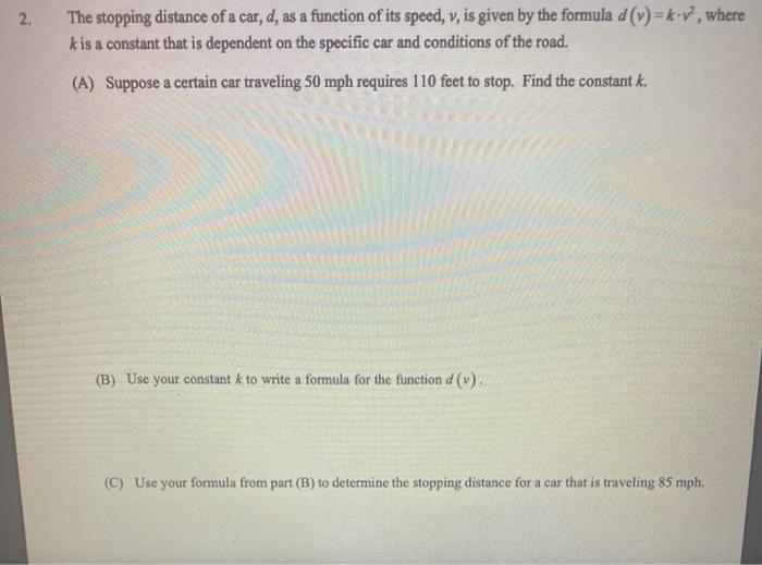 Solved 2. The stopping distance of a car, d, as a function | Chegg.com