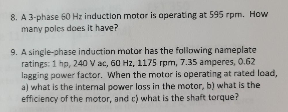 Solved 8. A 3-phase 60 Hz induction motor is operating at | Chegg.com