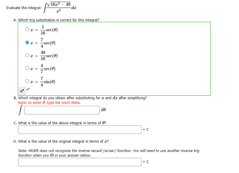 integral of x^3 sqrt(16 x^2) trig substitution