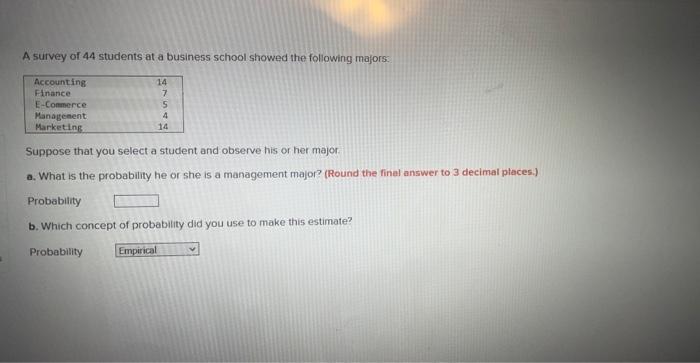 Solved A survey of 44 students at a business school showed | Chegg.com
