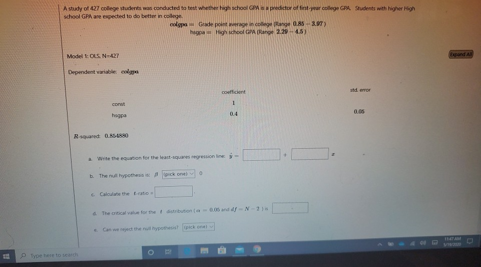 Solved A study of 427 college students was conducted to test | Chegg.com
