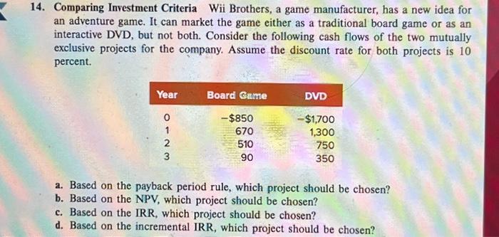 Solved 14. Comparing Investment Criteria Wii Brothers, A | Chegg.com